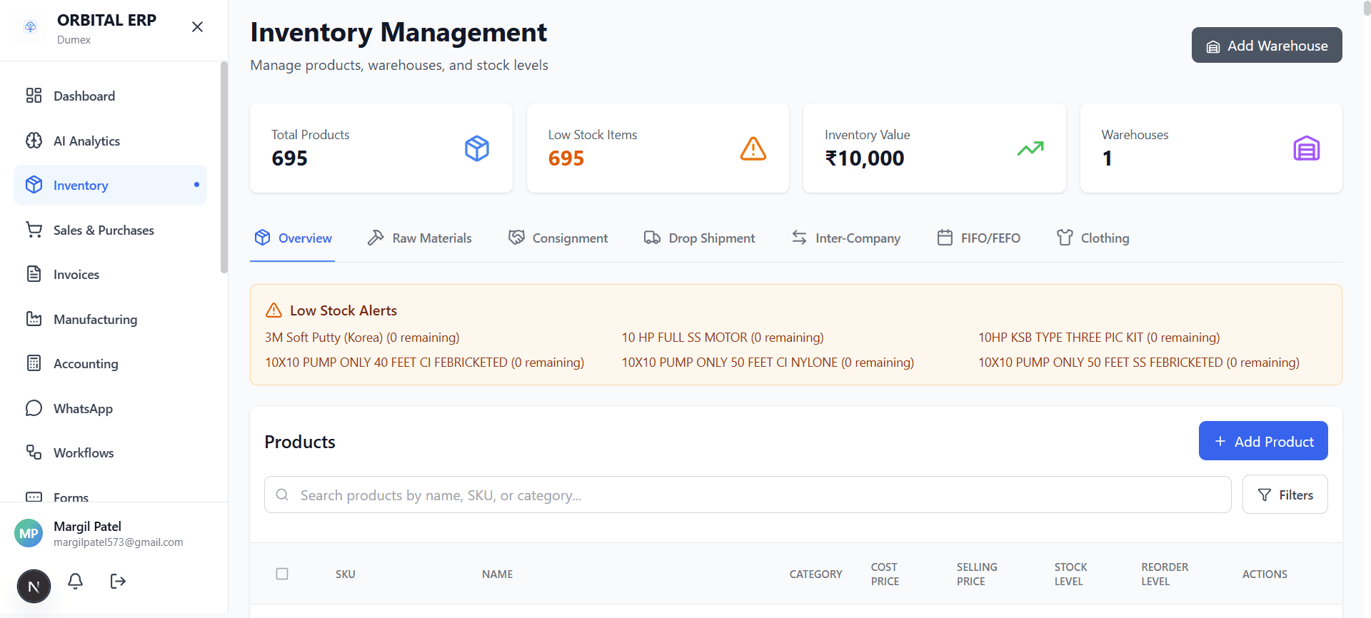 Orbital ERP Inventory management interface